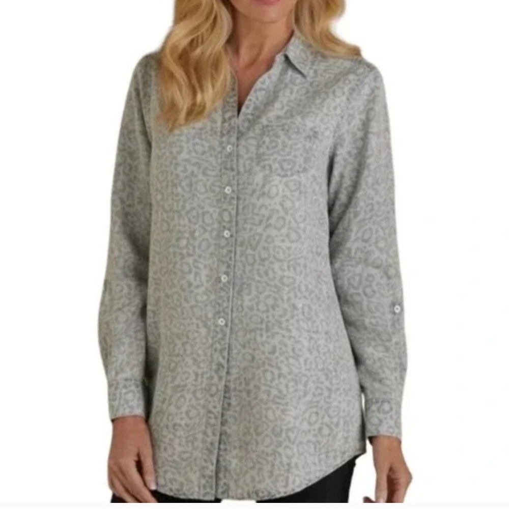Soft Surroundings Timeless Tencel Button Up Shirt Tunic Top Animal Print Gray